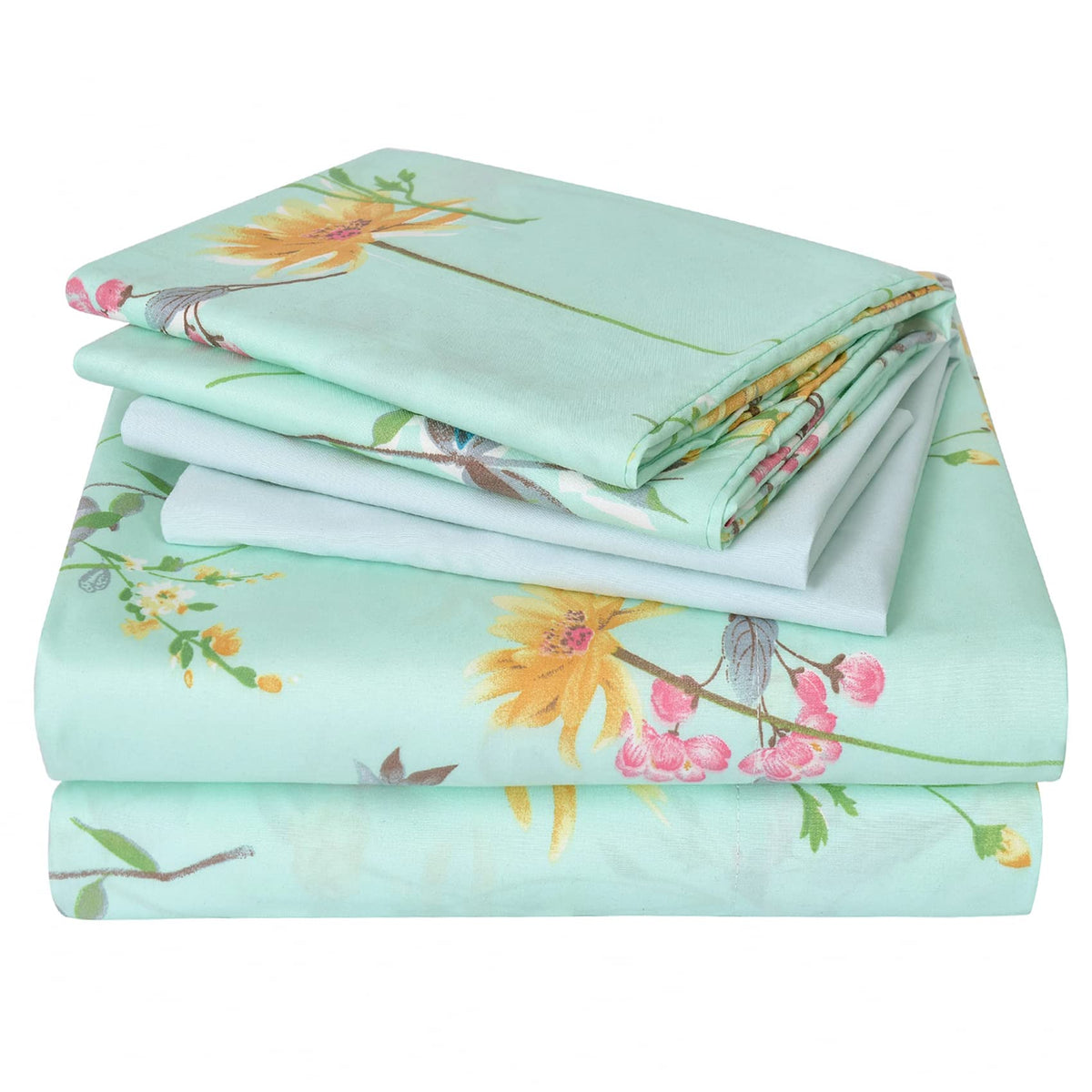 JSD Green Floral Queen flat sheet laid on bed for easy-care style