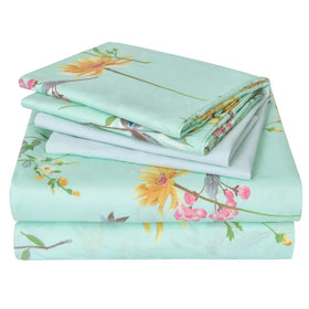 JSD Green Floral Queen flat sheet laid on bed for easy-care style