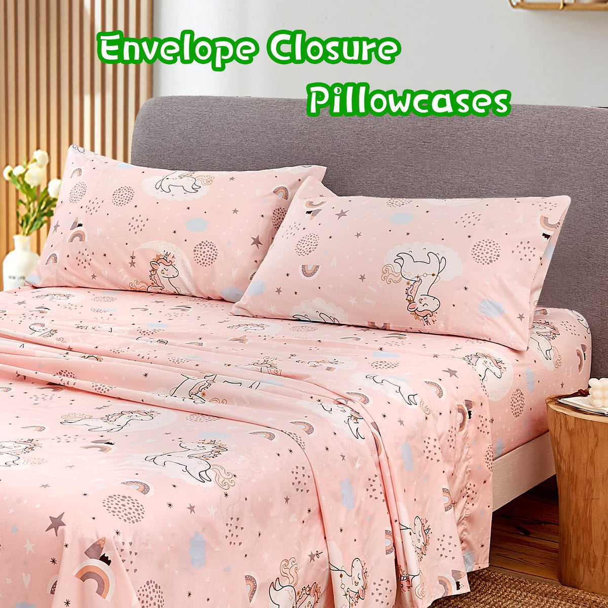 JSD Pink Unicorn envelope pillowcase brightens bedtime with playful patterns.