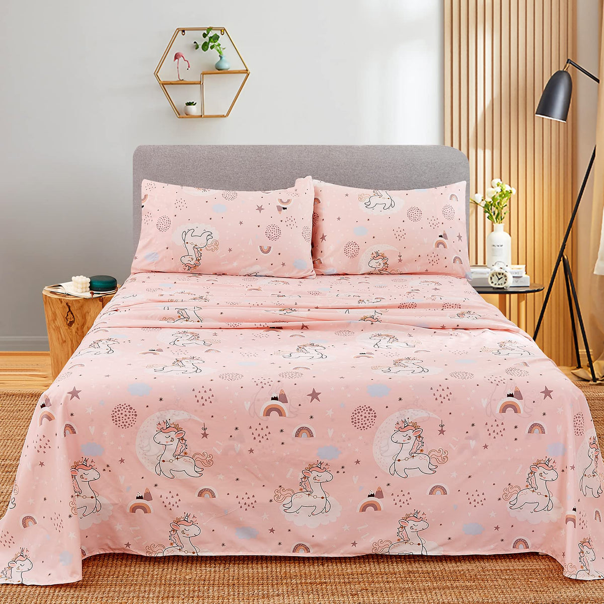 JSD Pink Unicorn sheets care instruction image emphasizing machine washability