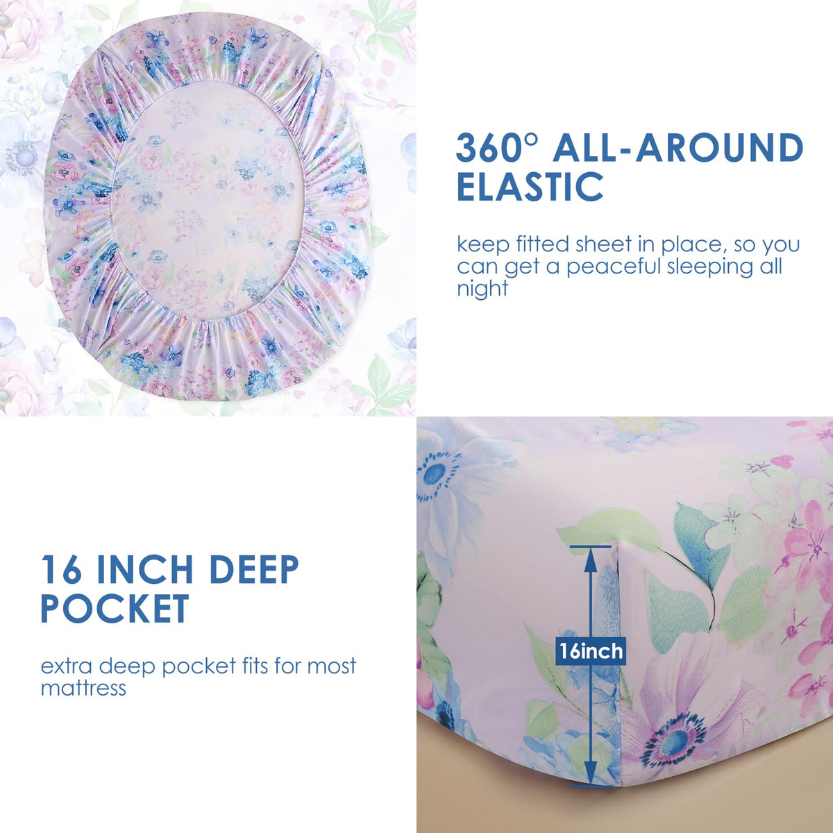 JSD Purple Hydrangea deep-pocket fitted sheet securely grips the mattress.