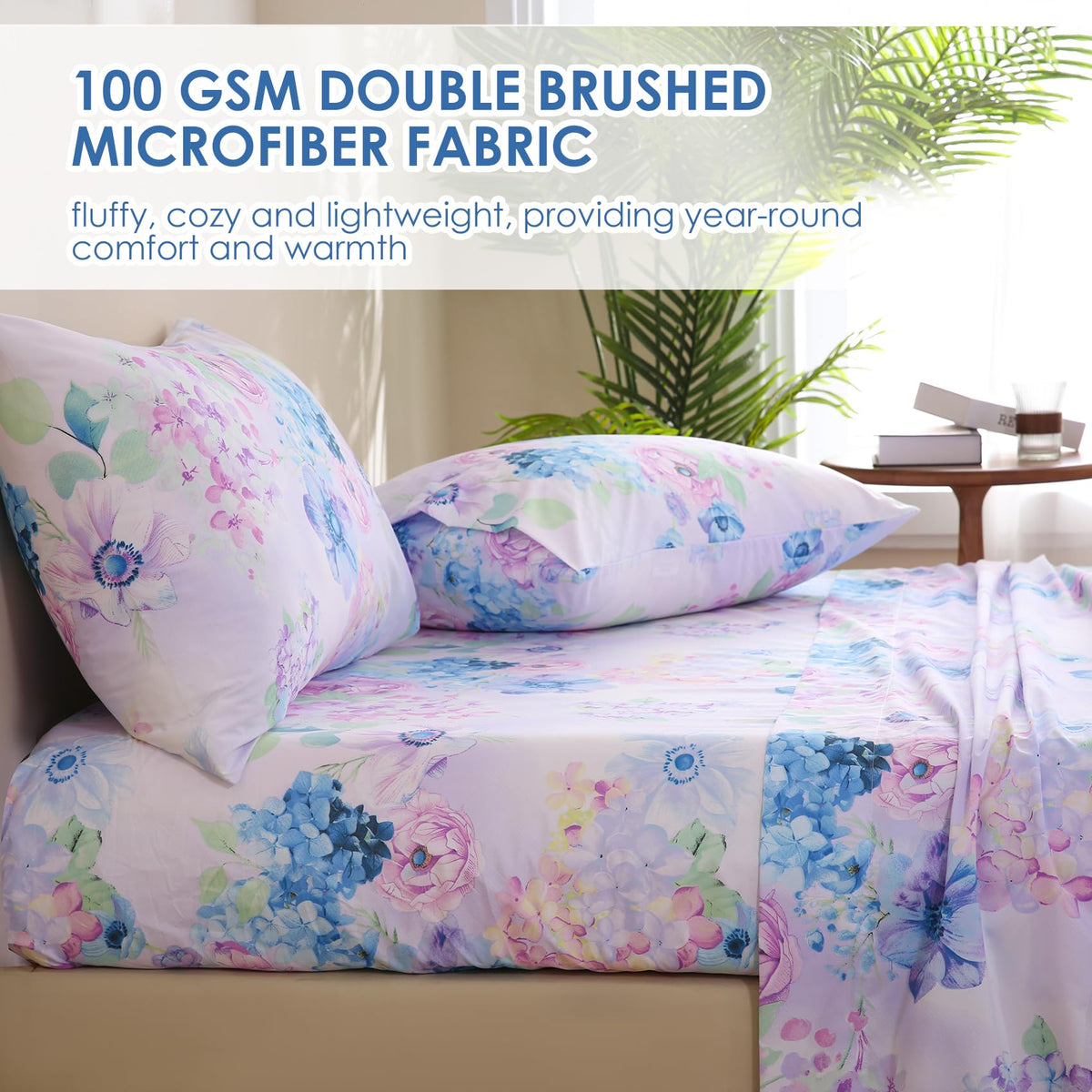 JSD Purple Hydrangea pillowcases with envelope closures keep pillows neatly tucked.