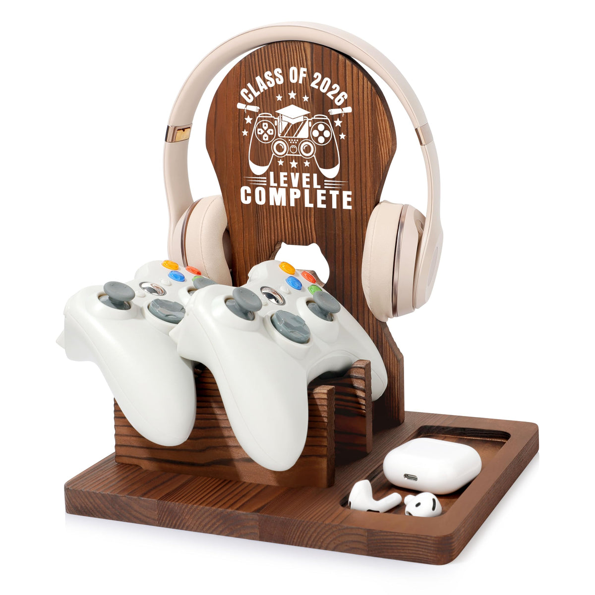 JSENGIFT Class of 2026 wood headphone stand on a desk keeps headphones neatly organized.