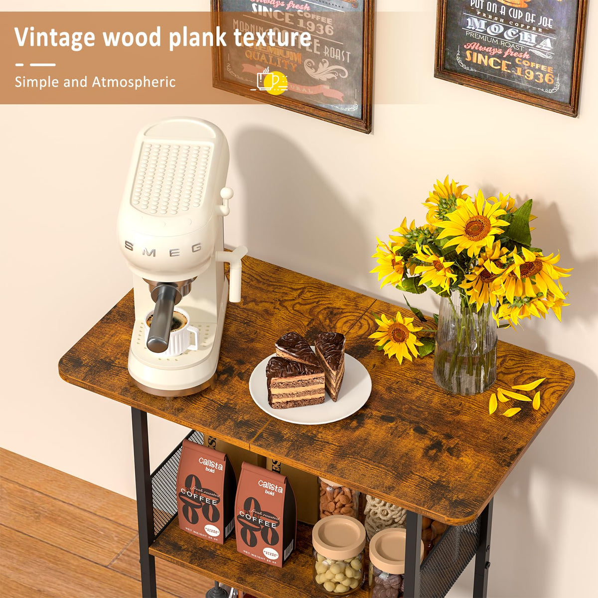 Jsskeeim corner coffee shelf in iron and MDF blends farmhouse style.