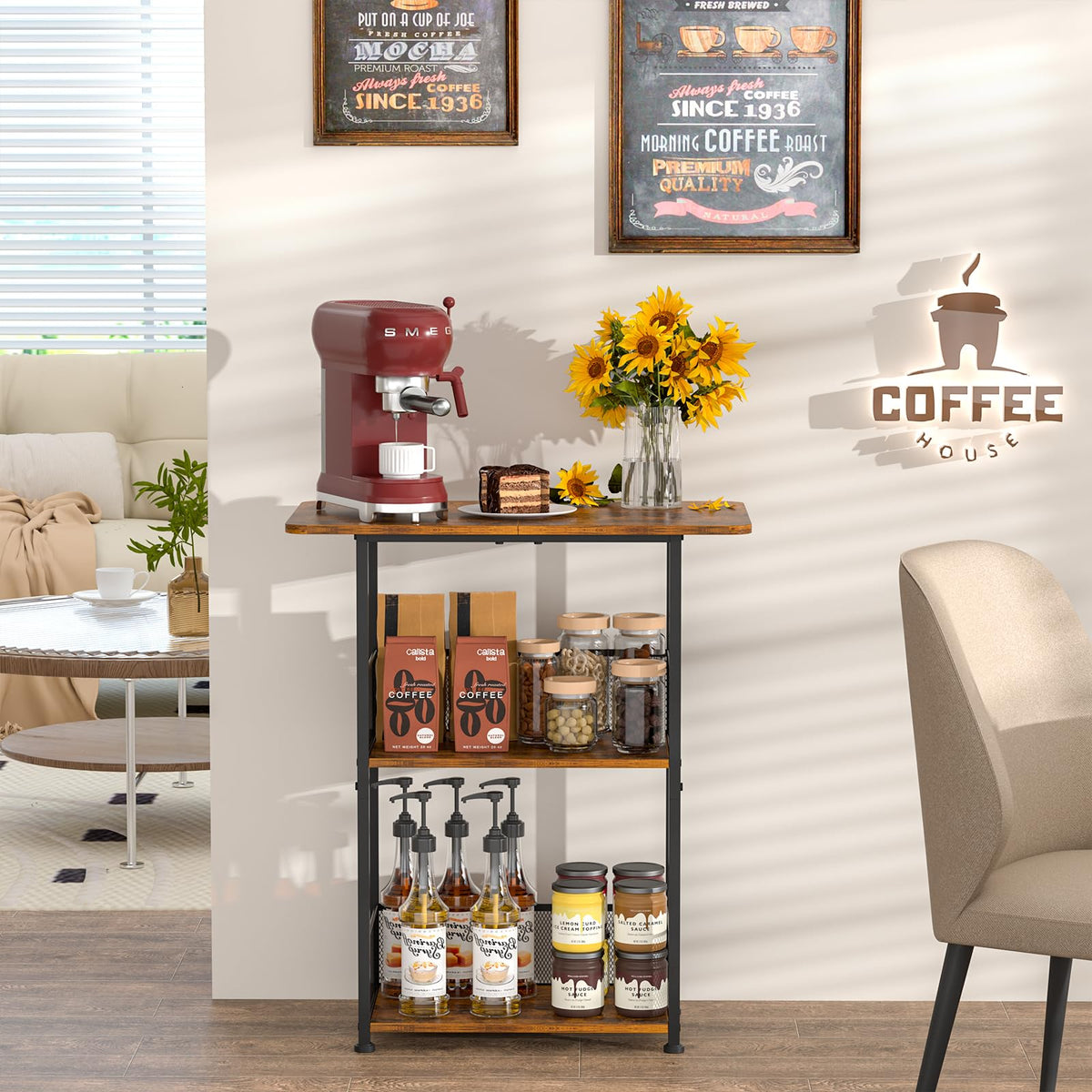 Jsskeeim deepened-top surface to fit coffee maker and accessories.