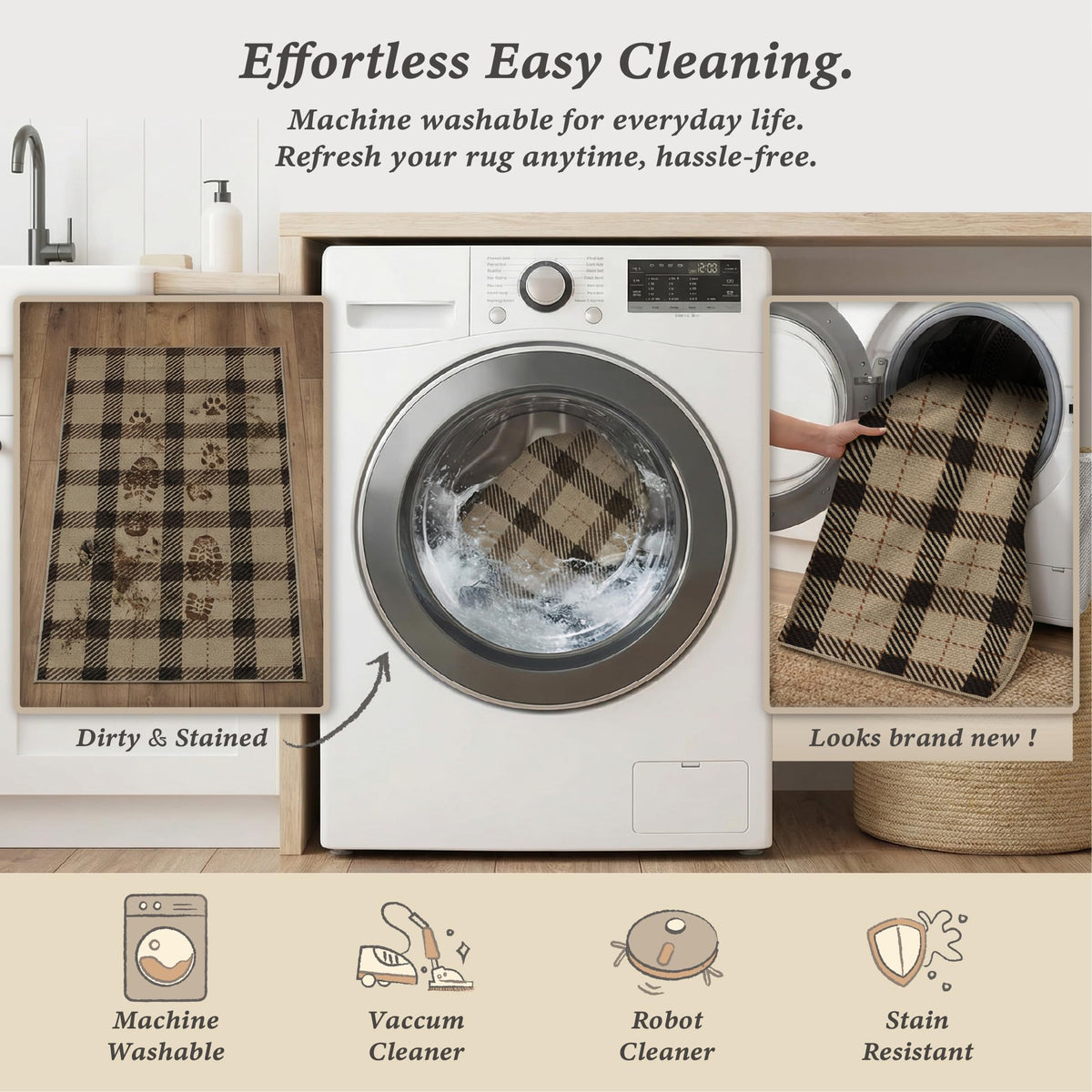 JTJ Washable Plaid Rug bathroom transitions with quick cleanups