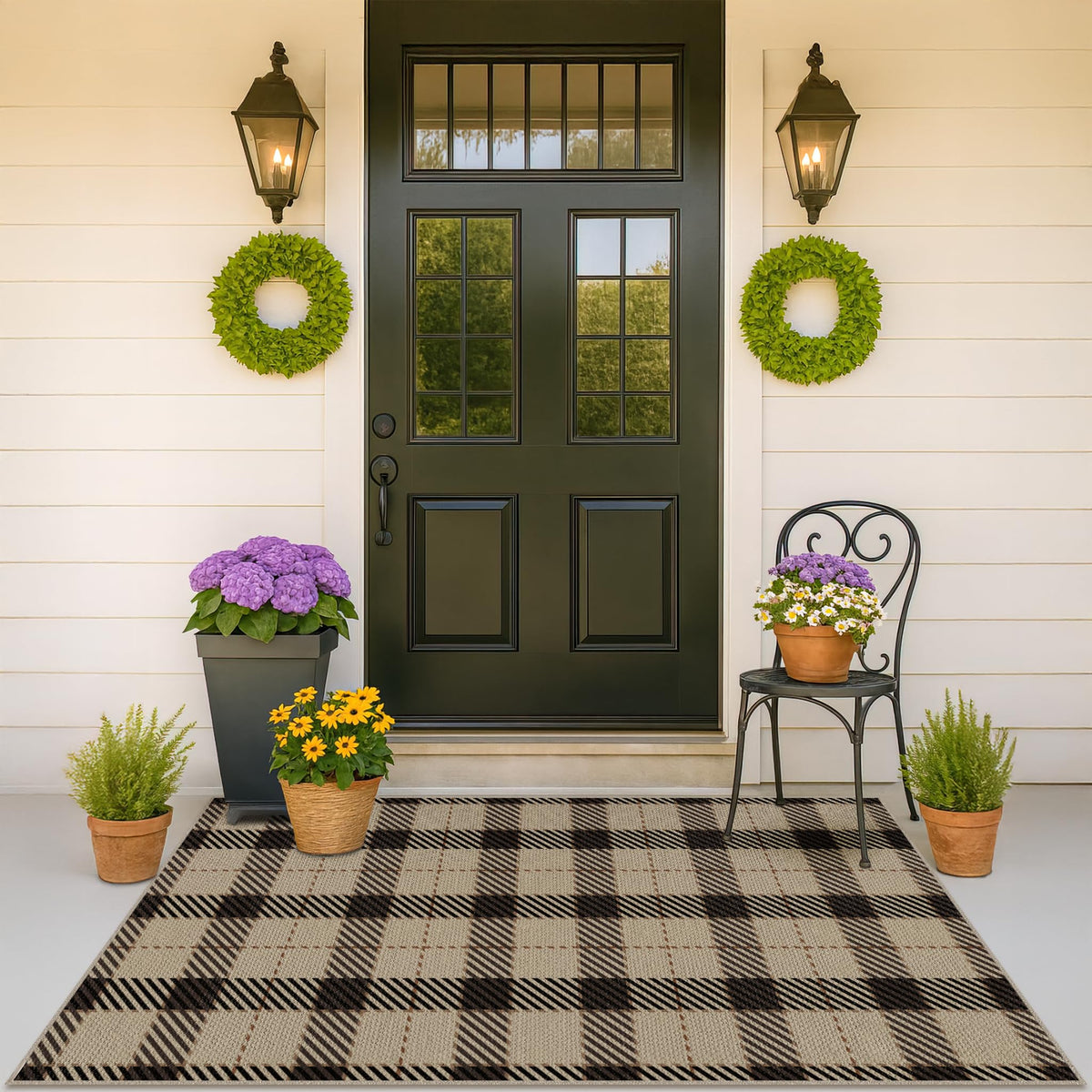 JTJ Washable Plaid Rug front porch with non-slip backing for safe entry