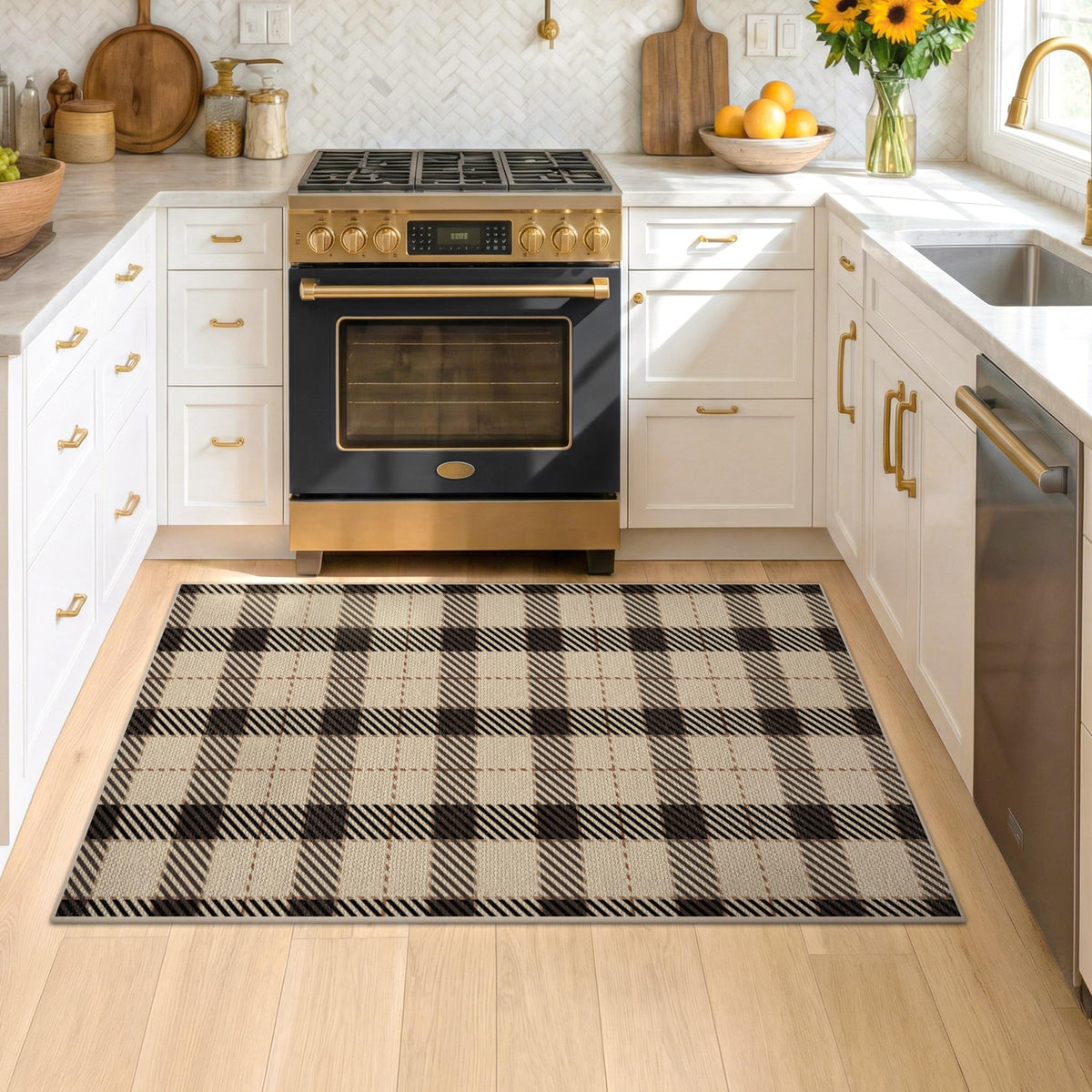 JTJ Washable Plaid Rug non-slip backing stays in place in high-traffic zones