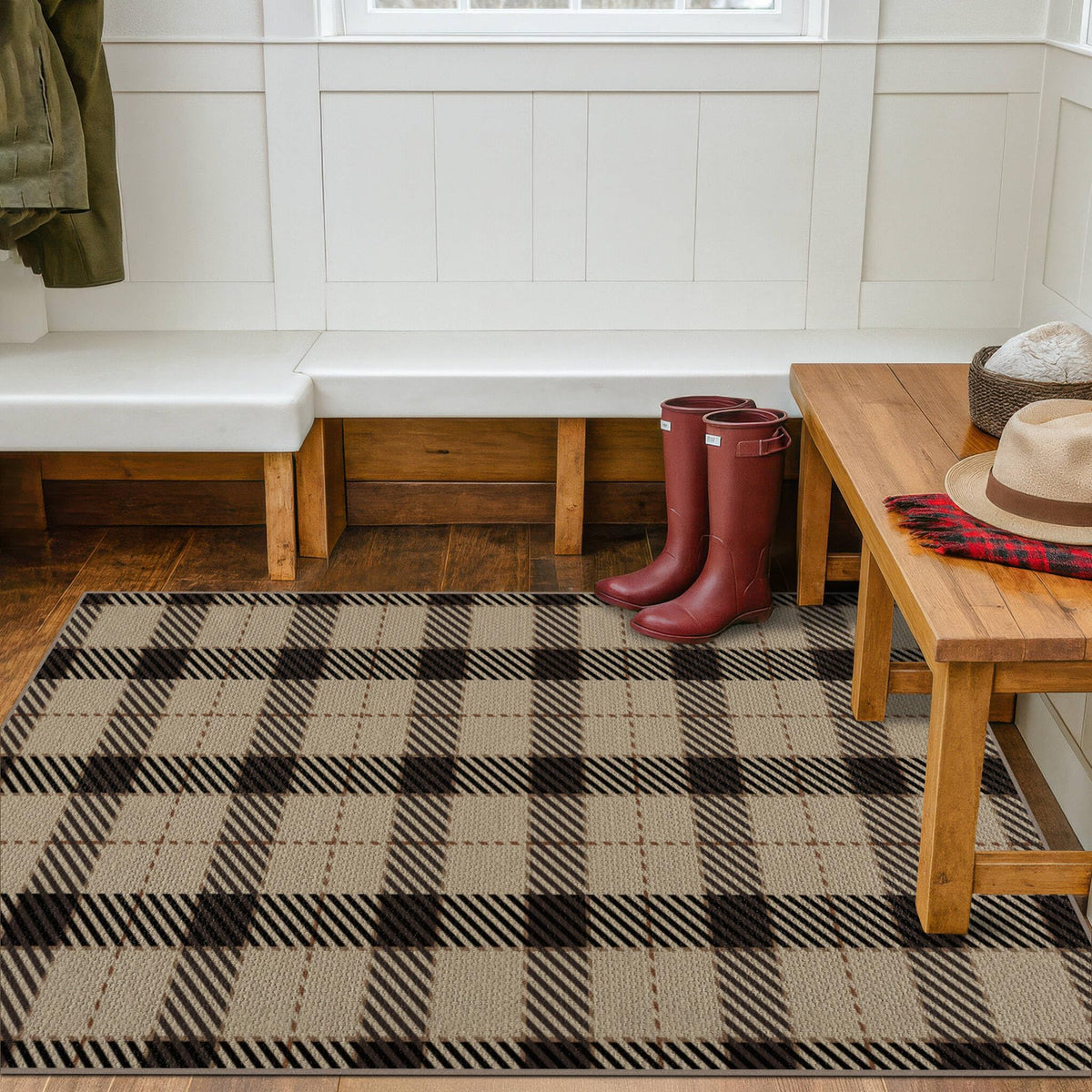 JTJ Washable Plaid Rug packaging creases relaxing after unrolling