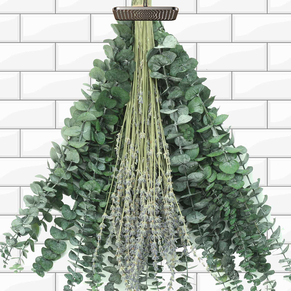 Jtoder mixed eucalyptus stems with lavender setup for spa-like shower ambience.
