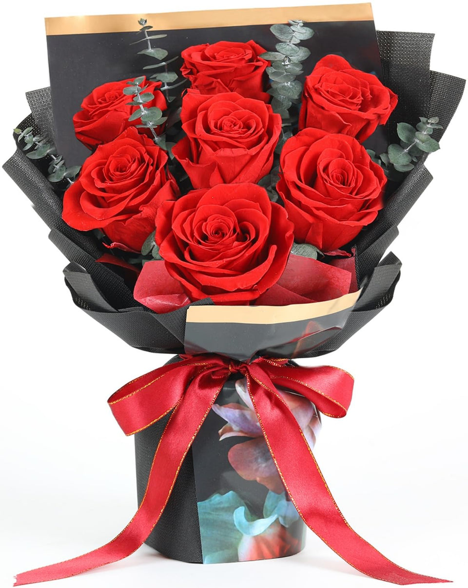 Jtoder preserved flowers bouquet with seven red roses in a gift box, long-lasting elegance.