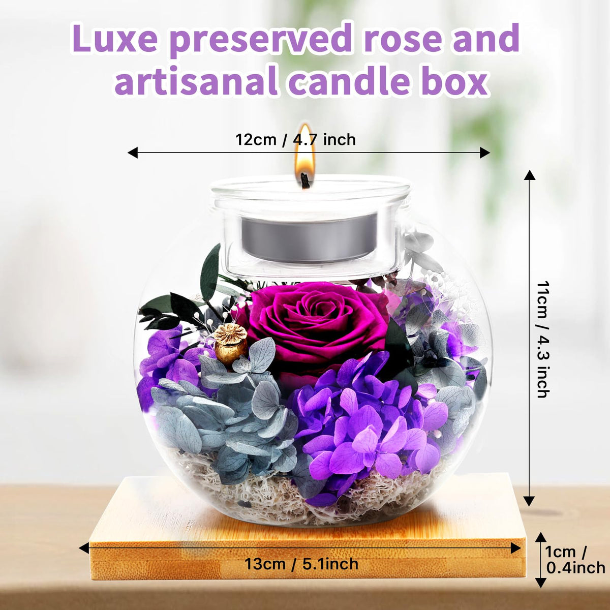 Wooden base with greeting card adds a personalized gift touch