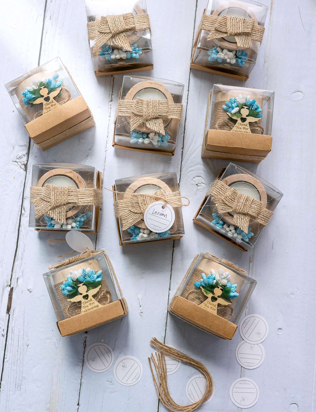 Ju's Favors handmade tealight holder close-up reveals natural wood texture.