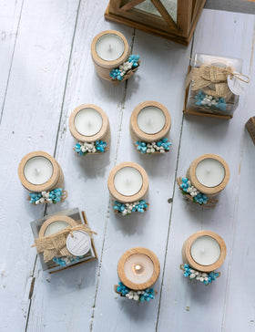 Ju's Favors tealight holder with twine and label for personalization.