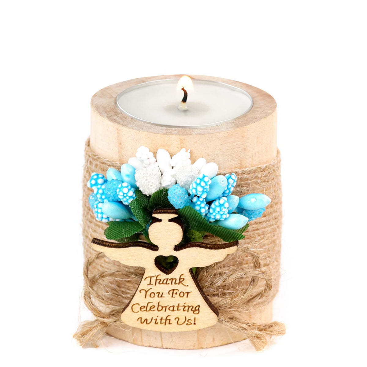 Ju's Favors wooden tea candle holder set enhances party decor.