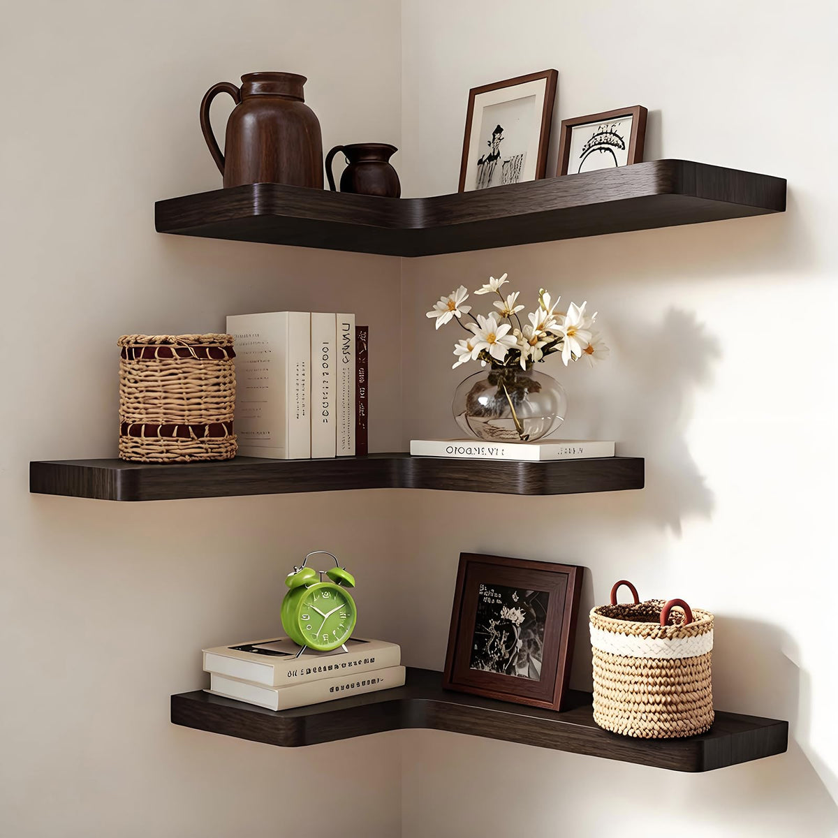 Jubilander floating corner shelves set 3 in paulownia wood for compact storage in living spaces.