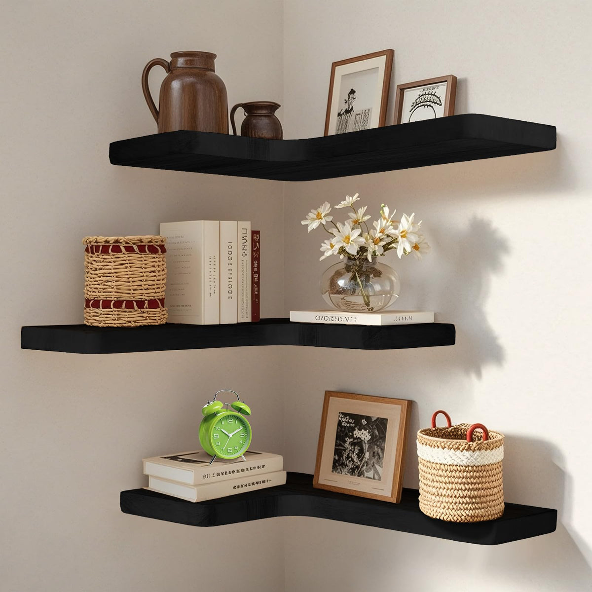 Jubilander three-chelf corner set in paulownia wood shows space-saving storage design.
