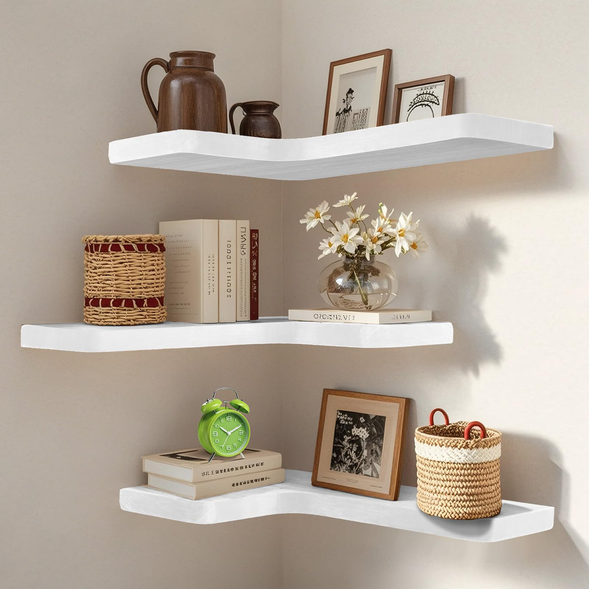 Jubilander floating corner shelves set of 3 in white, ideal for display and space-saving storage.