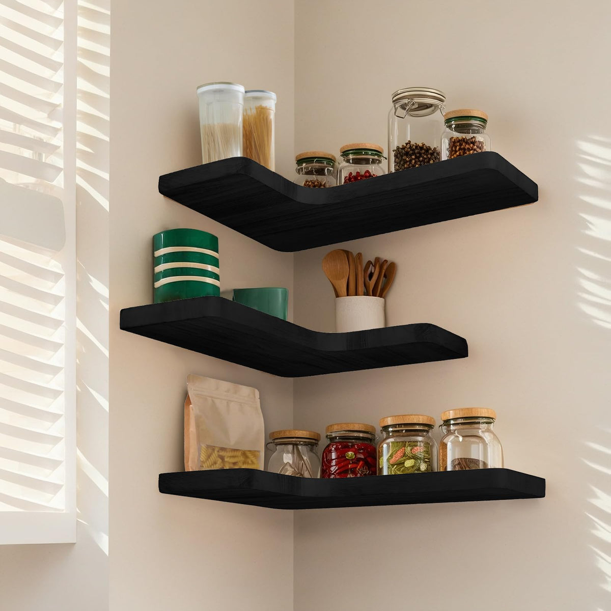 Nursery wall shelves from Jubilander storing toys while saving wall space.