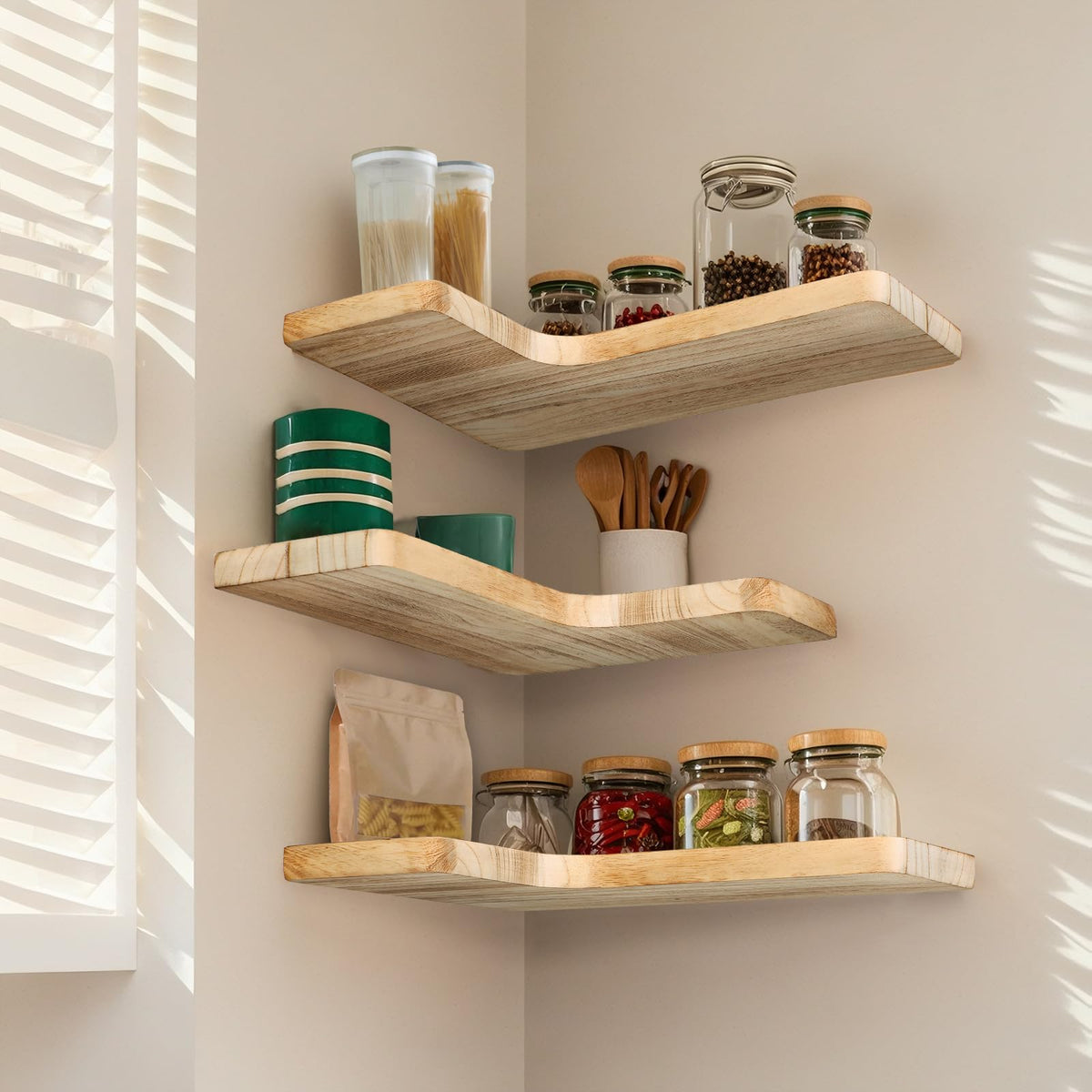 Jubilander storage and decor shelves enhance displays for photos and plants