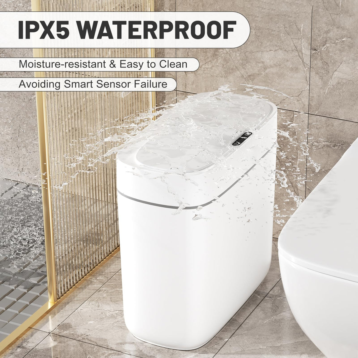 JUDRDO IPX5 waterproof trash can designed for humid spaces.