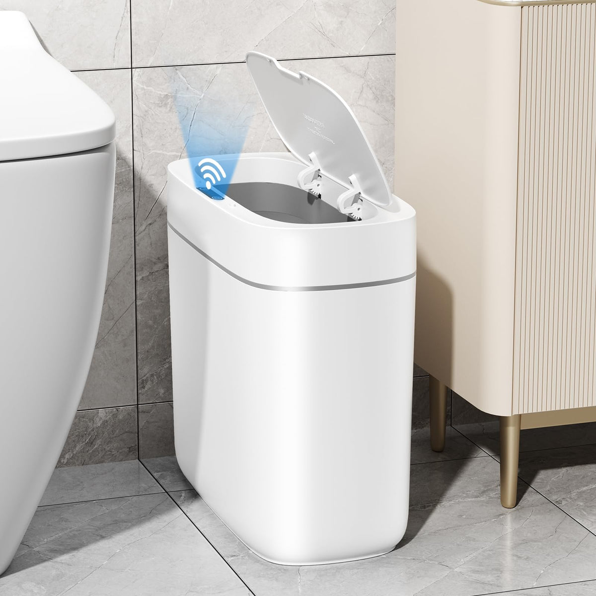 JUDRDO small bathroom trash can with motion sensor lid for hands-free use.
