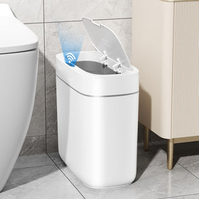 JUDRDO small bathroom trash can with motion sensor lid for hands-free use.