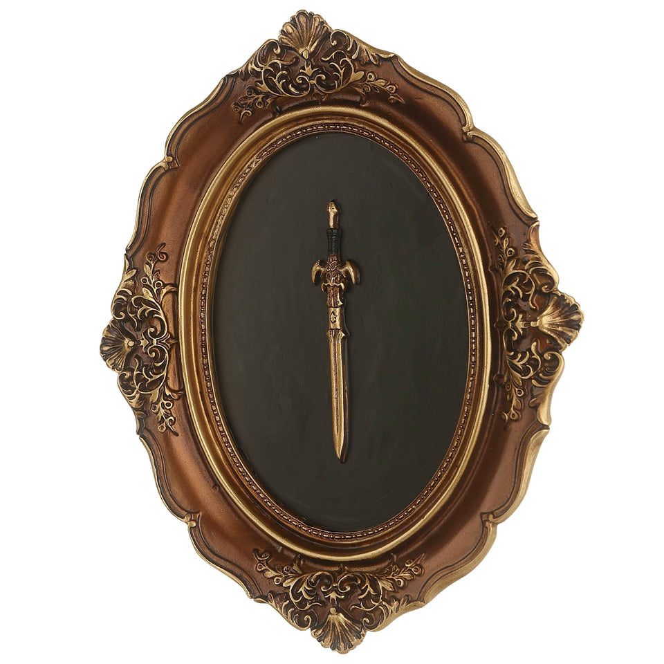 Juedawyal Baroque sword wall sculpture with ornate gold frame adds dramatic focal point.