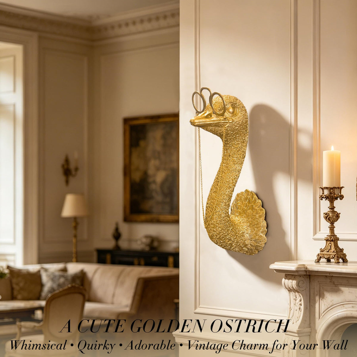 Close-up of glasses detail on the Juedawyal ostrich head wall decor for a sophisticated look.