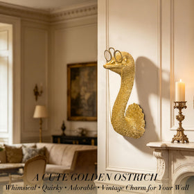 Close-up of glasses detail on the Juedawyal ostrich head wall decor for a sophisticated look.