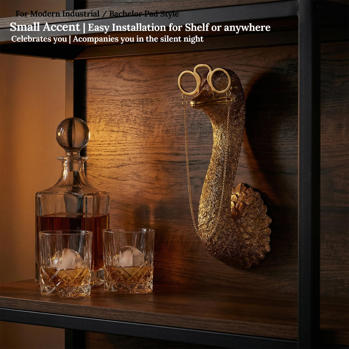 Lifestyle shot showing the Juedawyal ostrich head on a living room wall setup.