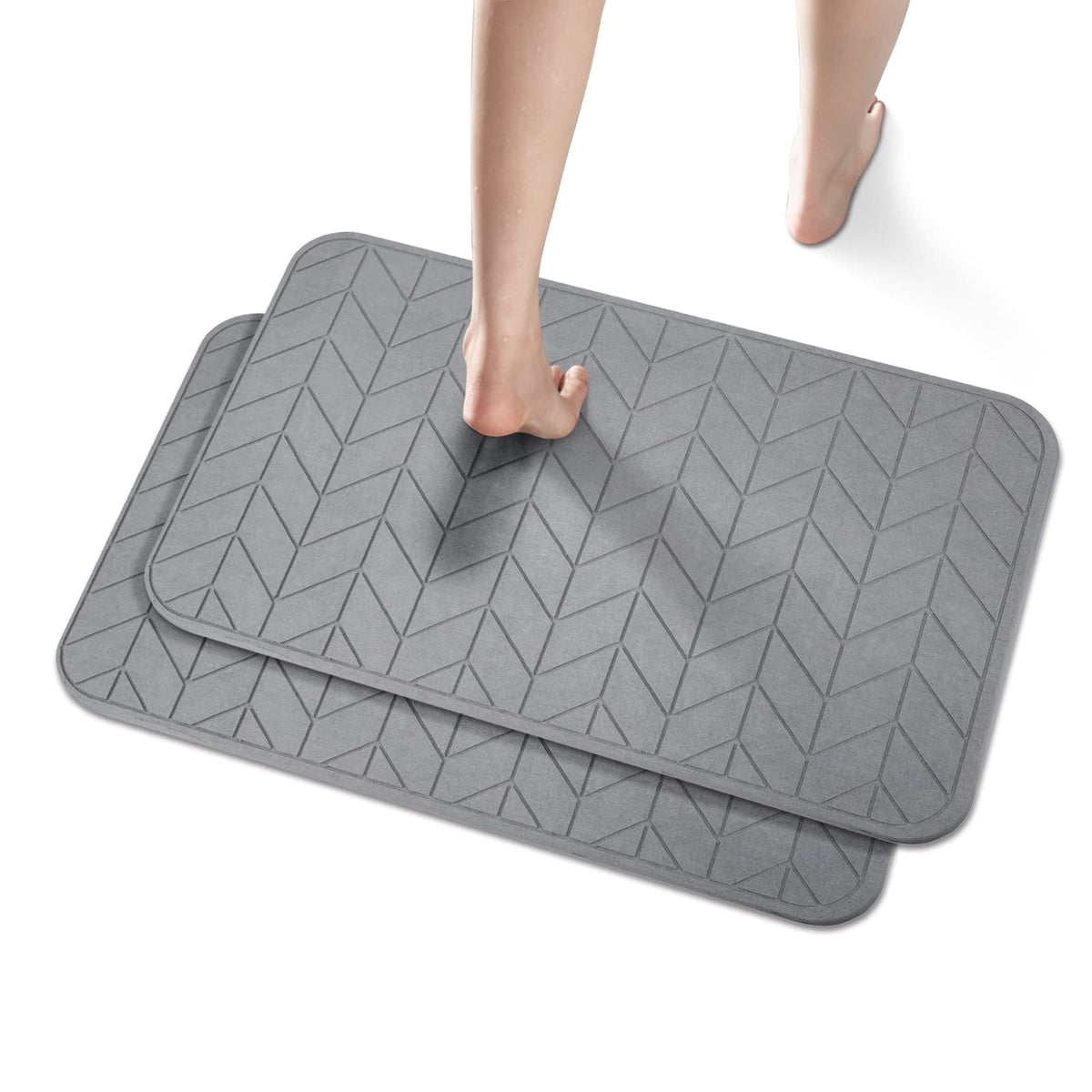 JUERLEN diatomaceous earth shower mat on a bathroom floor highlighting quick-drying, non-slip performance