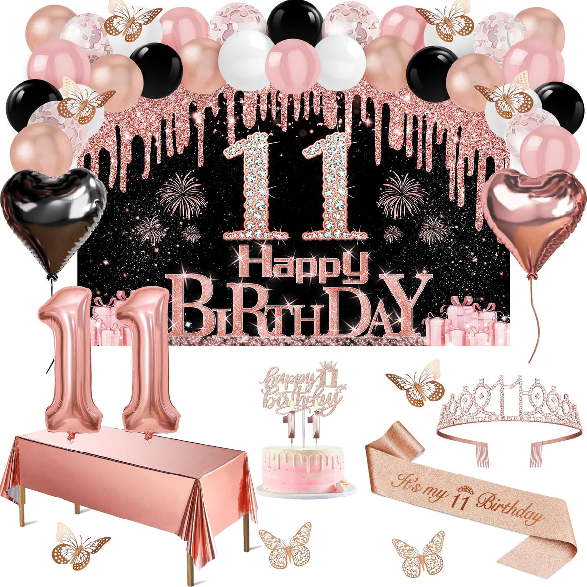 Juesly 11th birthday banner in black and rose gold for elegant decor.