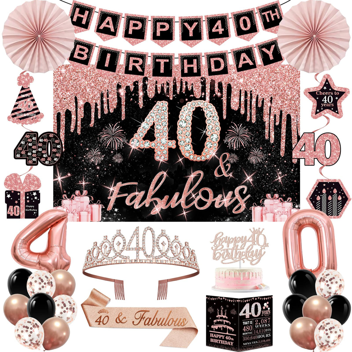 Juesly 40th birthday banner backdrop in black rose gold for an elegant party setting.