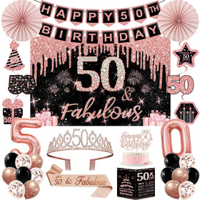 Juesly 50th banner backdrop in rose gold and black for elegant photos