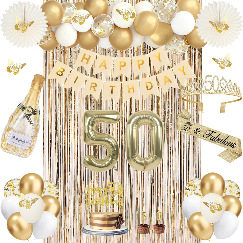 Juesly 50th birthday banner in champagne gold for a stylish photo backdrop