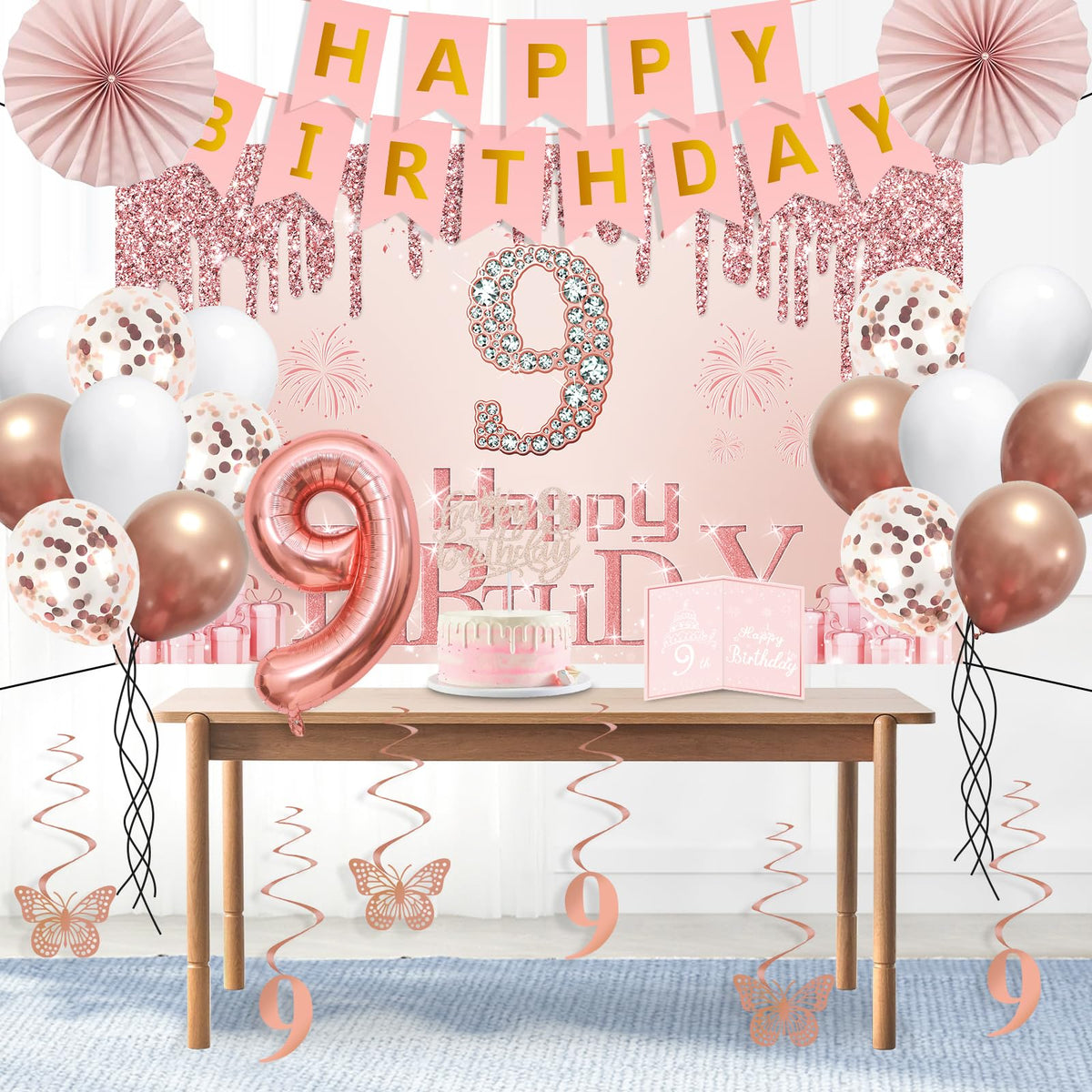 Juesly happy 9th birthday banner brightens walls for instant party atmosphere.