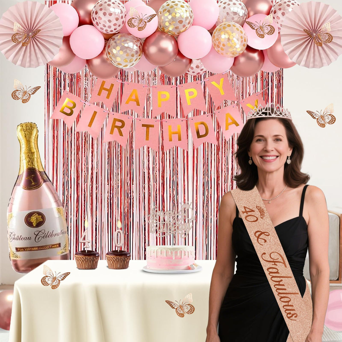 Juesly fringe curtains in rose gold create a chic backdrop for photos.