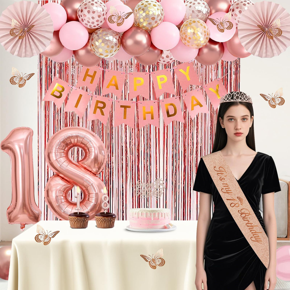 Juesly rose gold fringe curtain frames the party backdrop