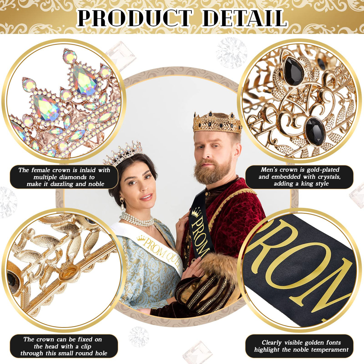 Juexica satin king and queen sash set in gold and silver for coordinated outfits.