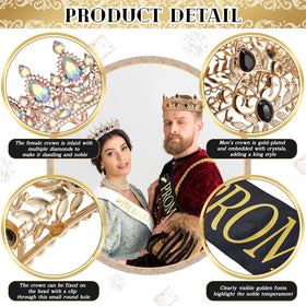 Juexica satin king and queen sash set in gold and silver for coordinated outfits.
