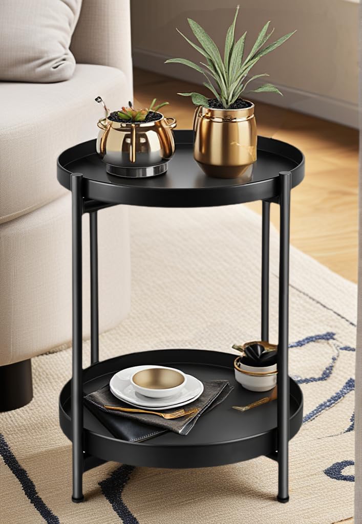 JuheBoxia foldable two-tier round side table anti-fingerprint finish stays clean.