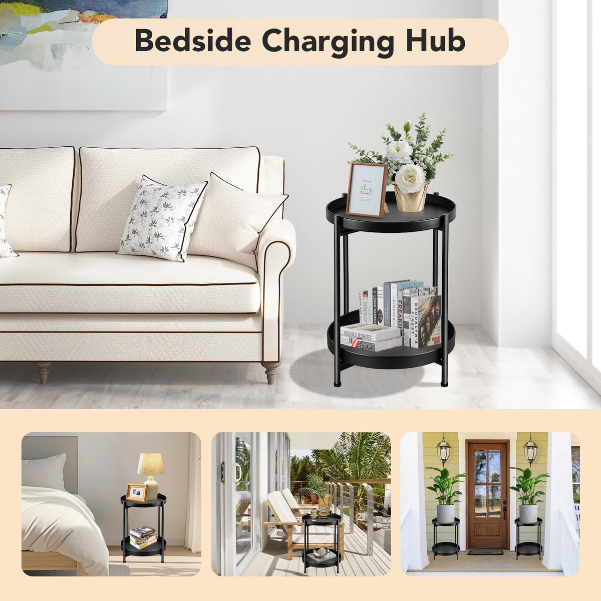 JuheBoxia foldable two-tier round side table couch-side setup – convenient for drinks and remotes.