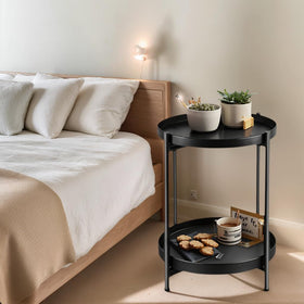 JuheBoxia foldable two-tier round side table indoor-outdoor use – suited for patios and lounges.