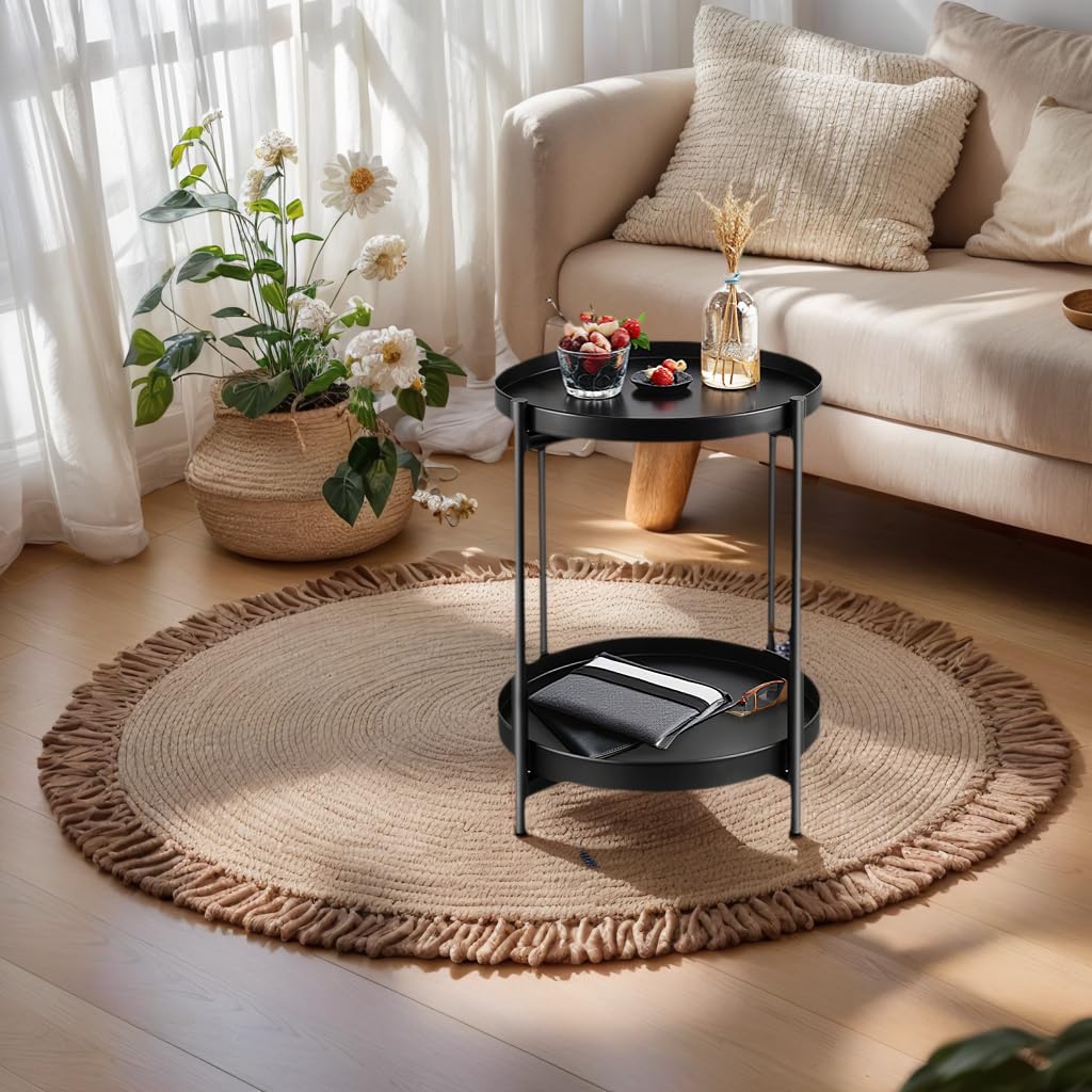 JuheBoxia foldable two-tier round side table lower shelf storage – keeps magazines organized.