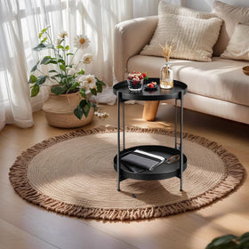 JuheBoxia foldable two-tier round side table lower shelf storage – keeps magazines organized.