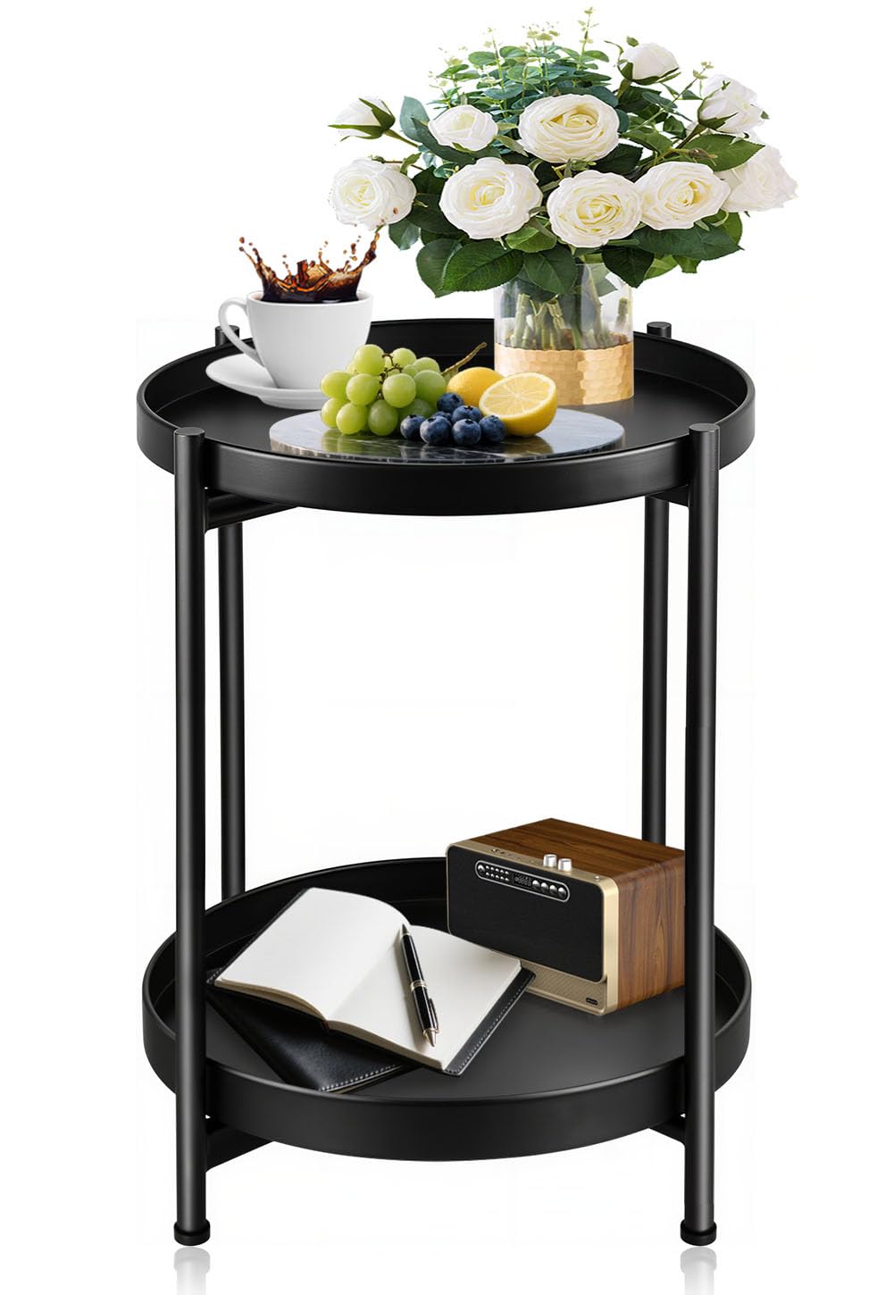JuheBoxia foldable two-tier round side table top view – ideal for drinks and décor.