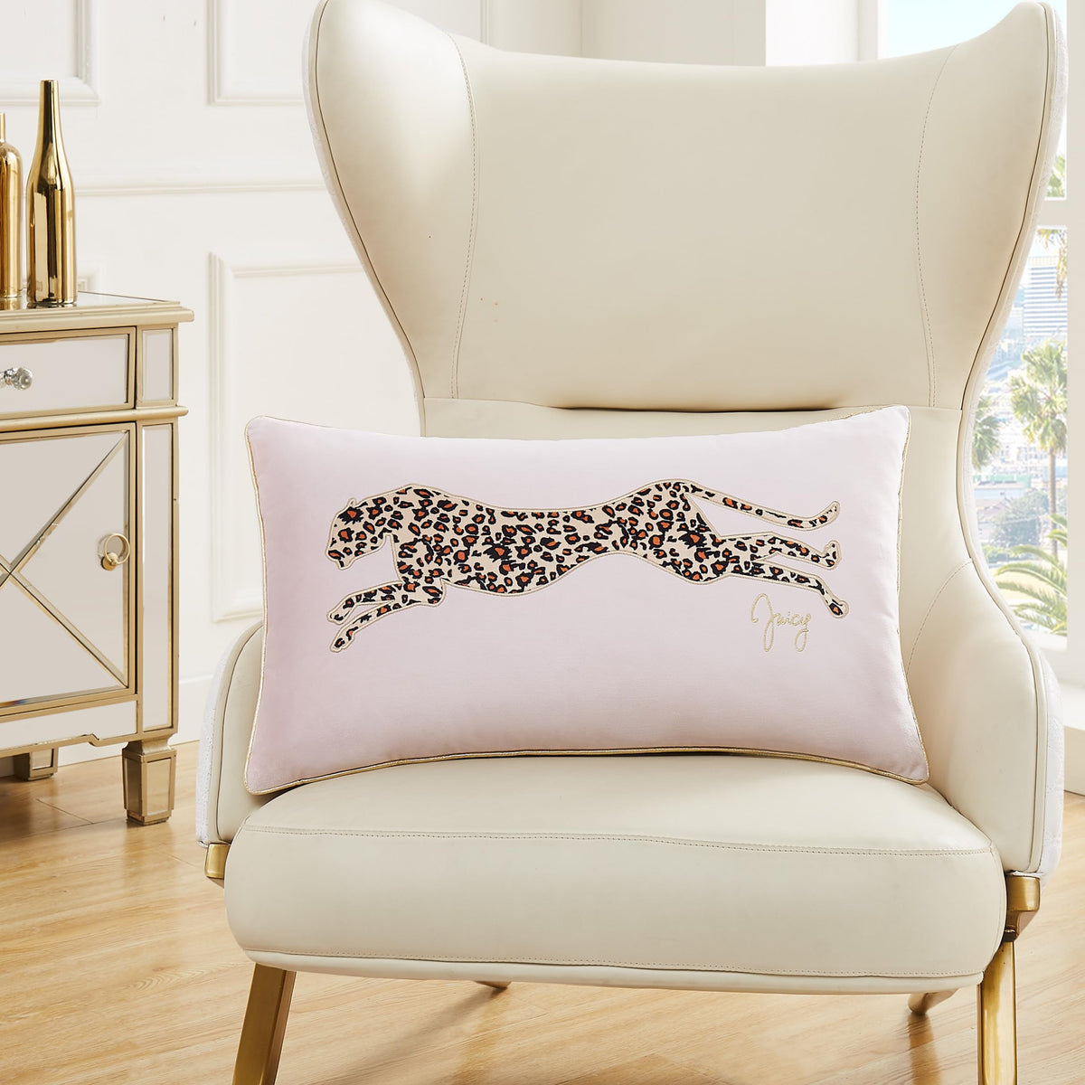 Juicy Couture reversible velvet cheetah pillow front for bold living room glamour on the sofa