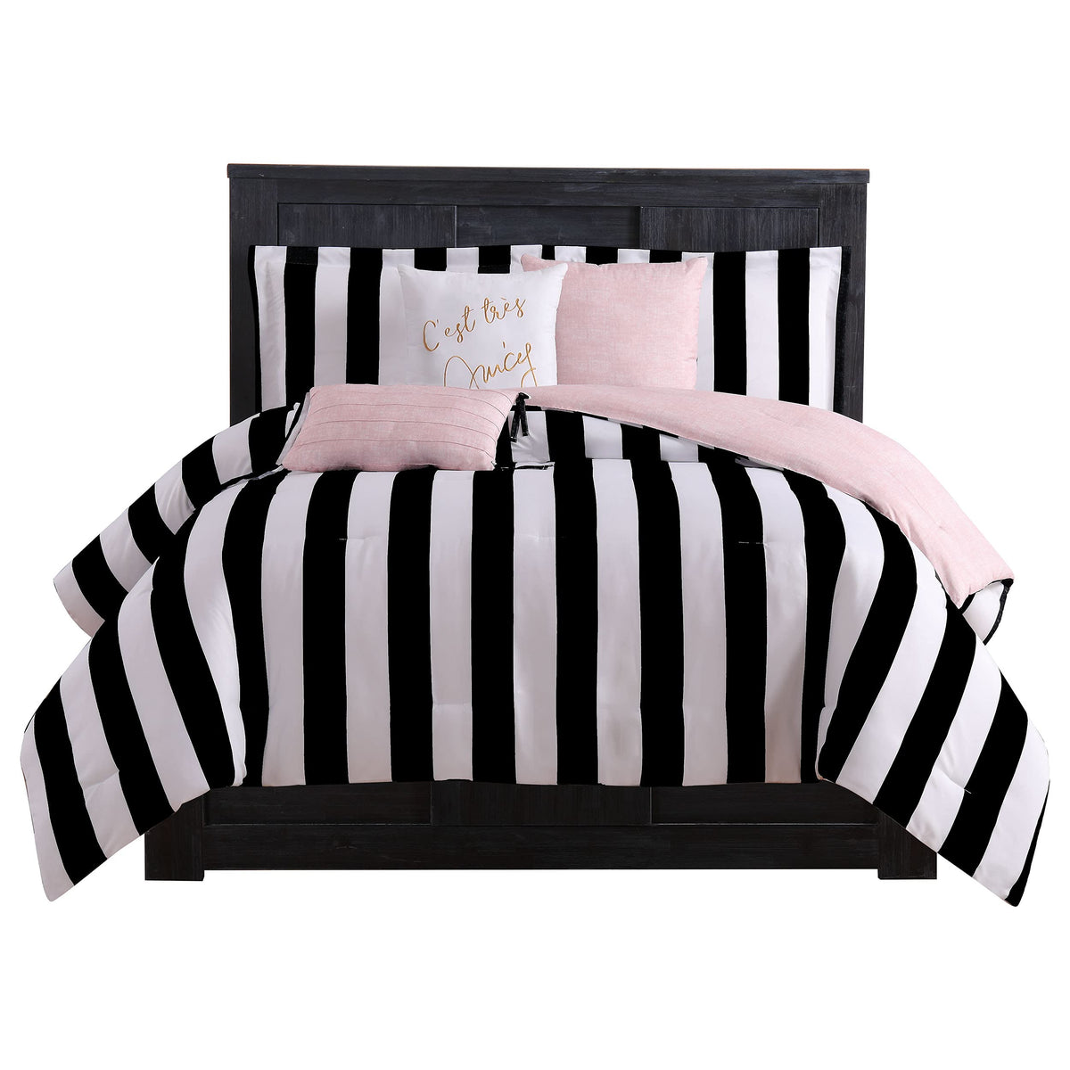 Juicy Couture Cabana Stripe reversible comforter close-up in soft microfiber for cozy nights.