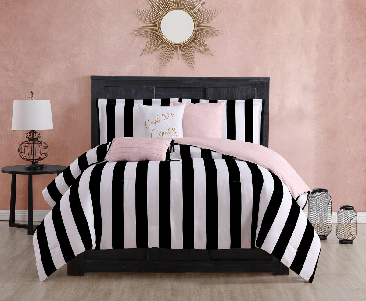 Juicy Couture Cabana Stripe decorative pillows detail with gold embroidery and pleats.